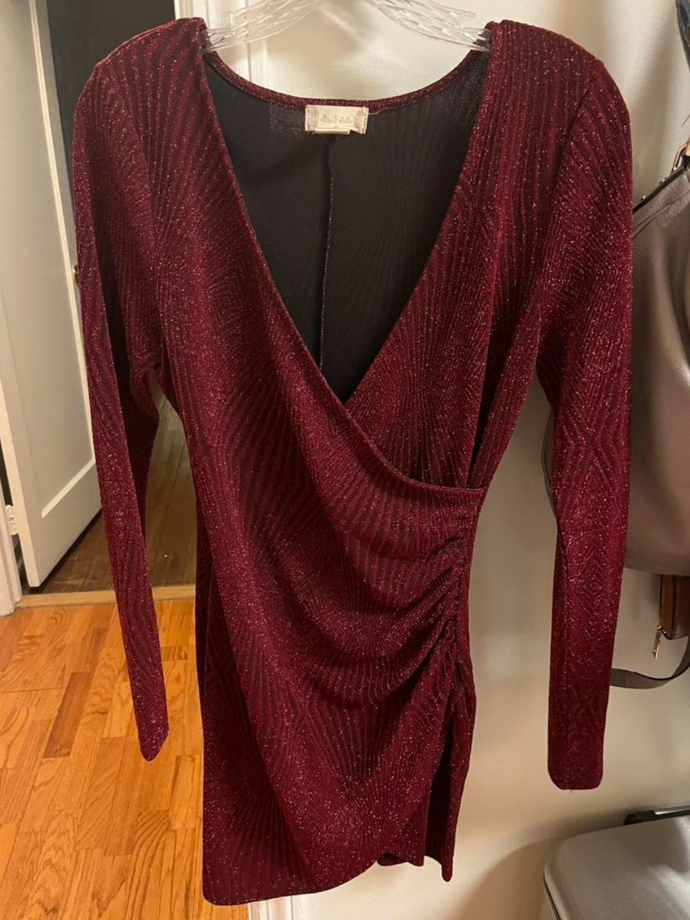 Altar’d State Long Sleeve Sparkle Wrap Dress in Wine
